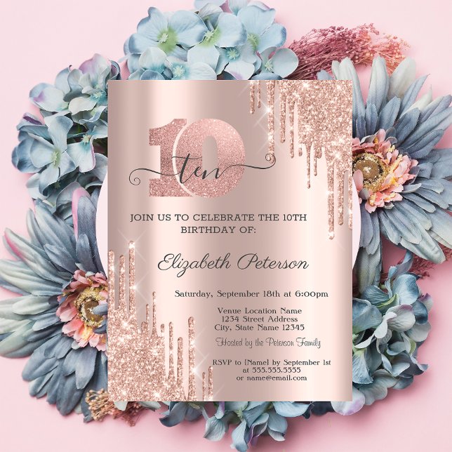 Rose Gold Glitterdroppar Rosa Guld 10-årsdag Inbjudningar (Skapare uppladdad)