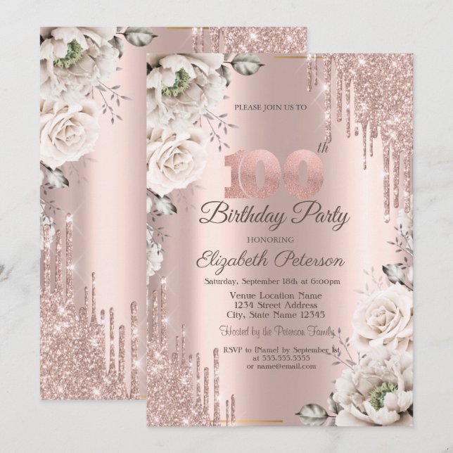 Rose Gold, Glitterdroppar, Vita blommor 100-årsjub Inbjudningar (Fram/baksida)