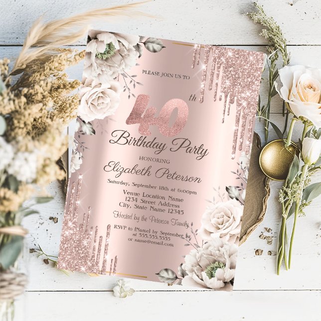 Rose Gold, Glitterdroppar, Vita Blommor 40-årsdag Inbjudningar (Skapare uppladdad)