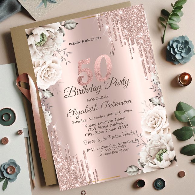 Rose Gold, Glitterdroppar, Vita Blommor 50-årsdag Inbjudningar (Skapare uppladdad)