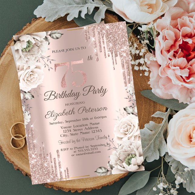 Rose Gold, Glitterdroppar, Vita Blommor 75-årsdag Inbjudningar (Skapare uppladdad)