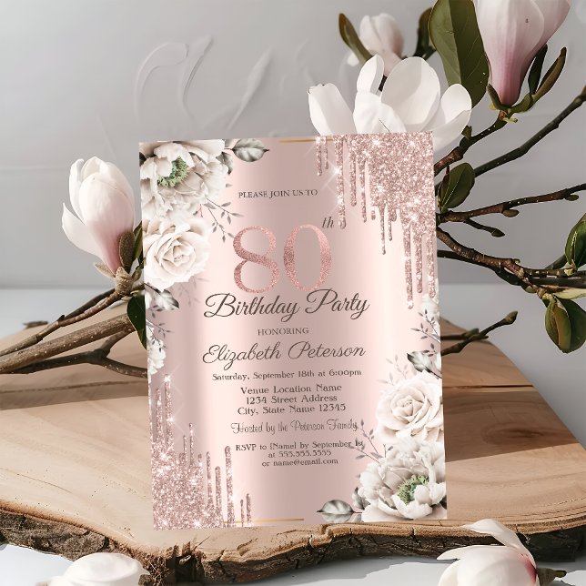 Rose Gold, Glitterdroppar, Vita Blommor 80-årsdag Inbjudningar (Skapare uppladdad)