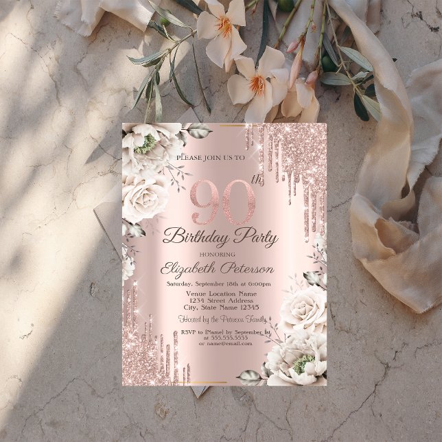 Rose Gold, Glitterdroppar, Vita Blommor 90-årsdag Inbjudningar (Skapare uppladdad)