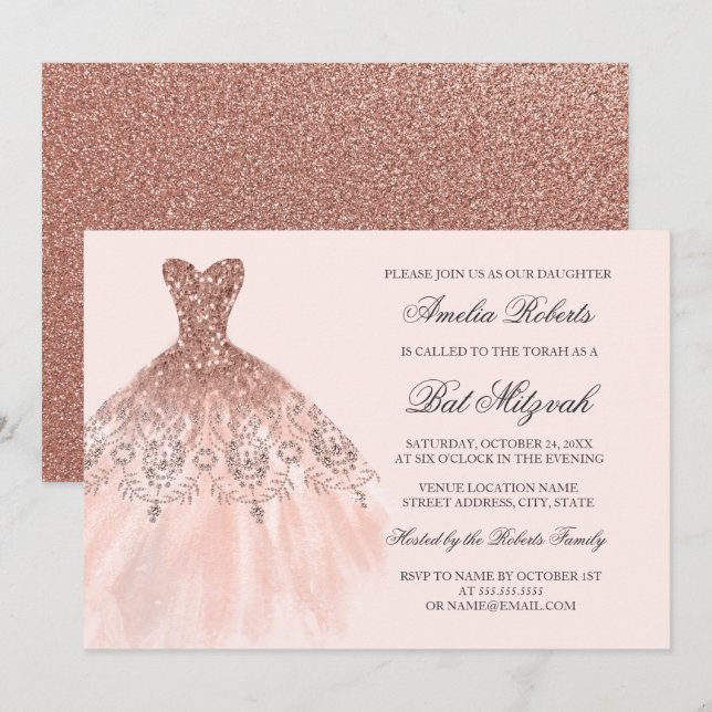 Rose Gold Glitterklänning Bat Mitzvah Inbjudningar (Fram/baksida)