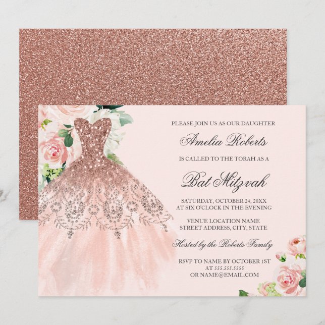 Rose Gold Glitterklänning Blommig Bat Mitzvah Inbjudningar (Fram/baksida)