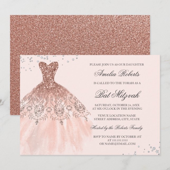 Rose Gold Glitterklänning Diamond Bat Mitzvah Inbjudningar (Fram/baksida)