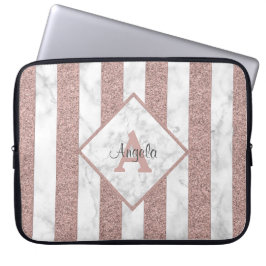 Rose Gold Glitterränder Marmor Monogram Skrift Laptop Fodral