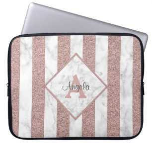 Rose Gold Glitterränder Marmor Monogram Skrift Laptop Fodral