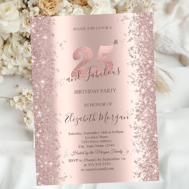 Rose Gold Glittrande Diamanter 25-årsdag Inbjudningar (Skapare uppladdad)