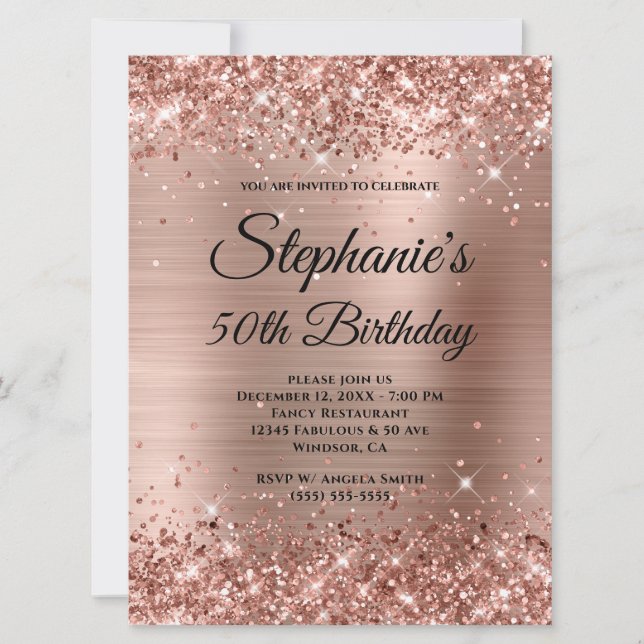 Rose Gold Glittrig Folie Elegant Monogram Födelsed Inbjudningar (Framsida)