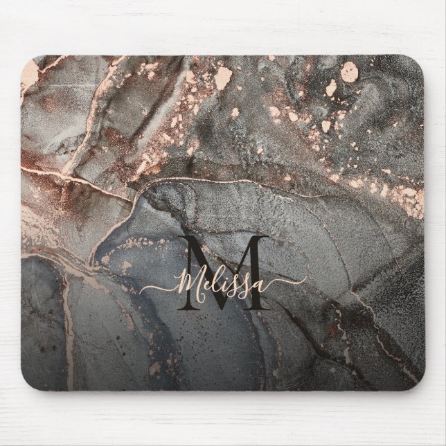 Rose Gold Grå Bläck Marmor Monogram  Musmatta (Framsidan)