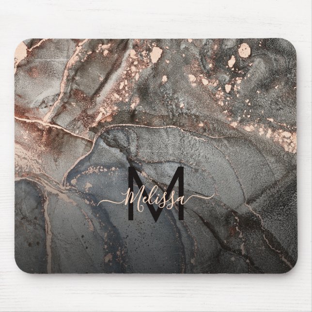 Rose Gold Grå Bläck Marmor Monogram  Musmatta (Framsidan)