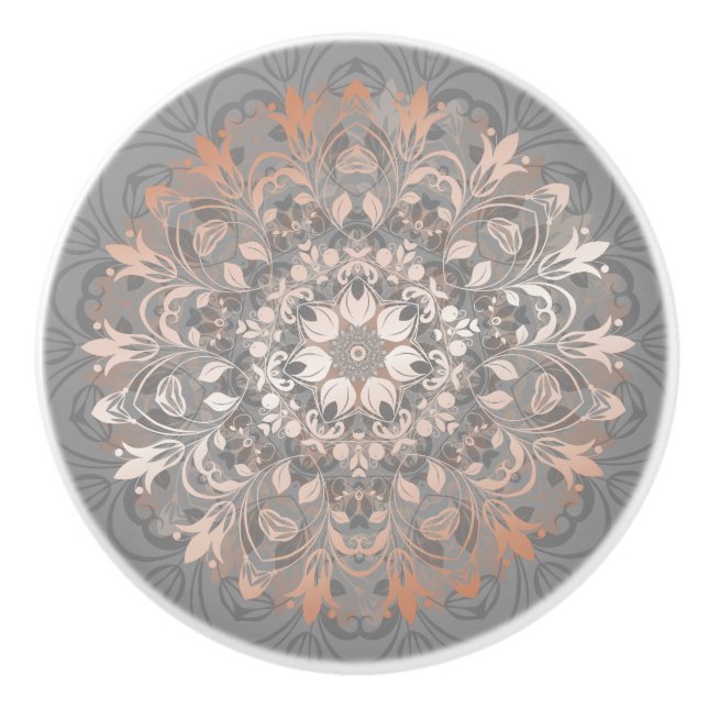 Rose Gold Grå Blommig Mandala Knopp (Framsidan)