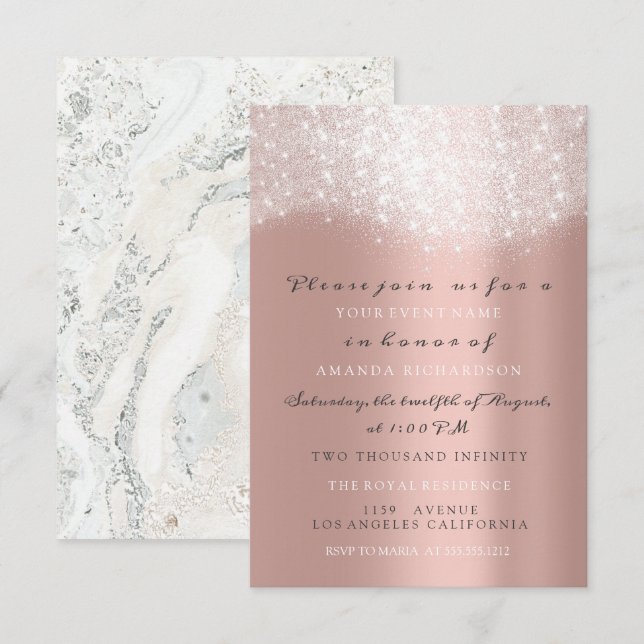Rose Gold Grå Glitter Marmor Konfetti Elegant VIP Inbjudningar (Fram/baksida)