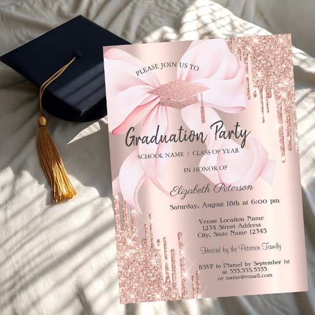 Rose Gold Grad Cap Drips Bow Photo Graduation Inbjudningar (Skapare uppladdad)