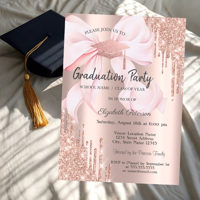 Rose Gold Grad Cap Glitter Drips Bow Graduation Inbjudningar (Skapare uppladdad)