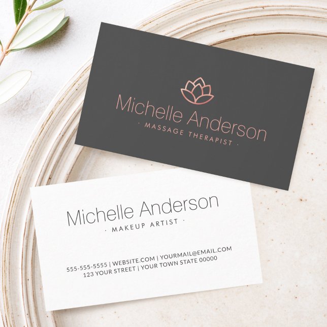 Rose gold gradient lotusblomma minimalistisk grå visitkort (Rose gold lotus flower elegant minimalist gray spa business card)