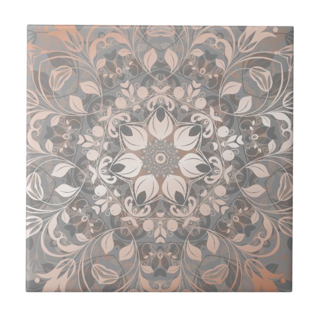 Rose Gold Gray Floral Mandala Kakelplatta (Framsidan)