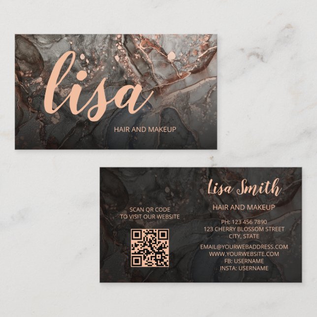 Rose Gold Gray Ink Marble Scan QR Code Business Ca Visitkort (Fram/baksida)