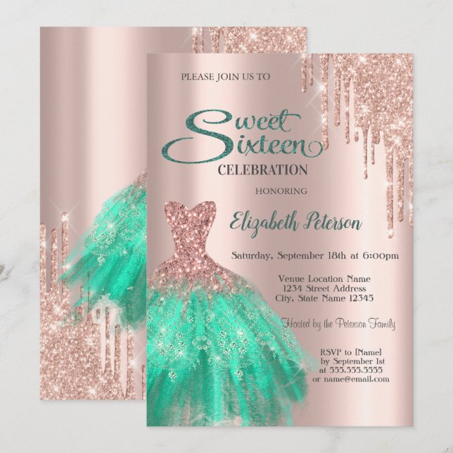 Rose Gold Grön Klänning Sweet 16 Inbjudningar (Fram/baksida)