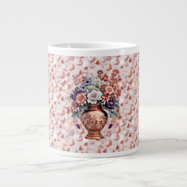 Rose Gold Hjärtan och Blommor Jätte Keramisk Mugg Jumbo Mugg (Framsidan)