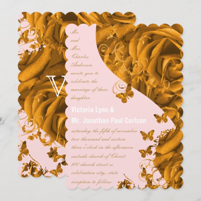 Rose Gold Hjärtan och Rosor Bröllop Inbjudningar (Fram/baksida)