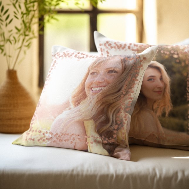 Rose Gold Hjärtgräns Foto Kudde (Rose Gold Hearts Border Photo Throw Pillow)