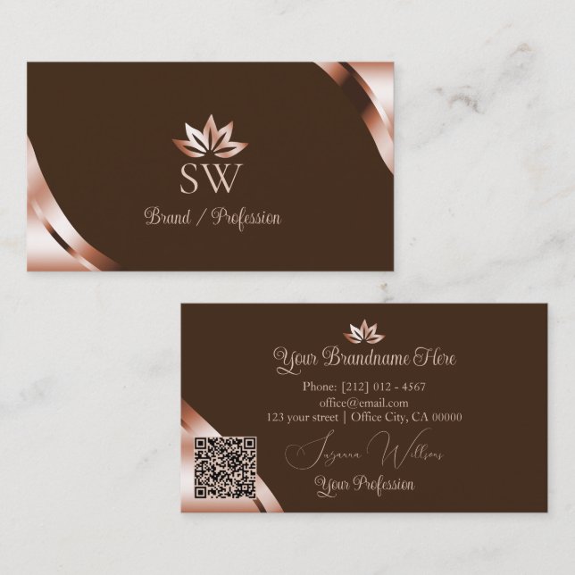Rose Gold Hörn Coffee Brun Monogram QR-kod Visitkort (Fram/baksida)