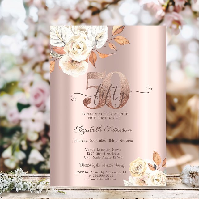 Rose Gold Höstblommor 50-årsdag  Inbjudningar (Skapare uppladdad)