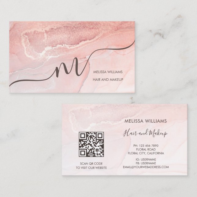 Rose Gold  Ink Marble | QR Code Visitkort (Fram/baksida)