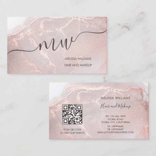 Rose Gold  Ink Marble | QR Code Visitkort (Fram/baksida)