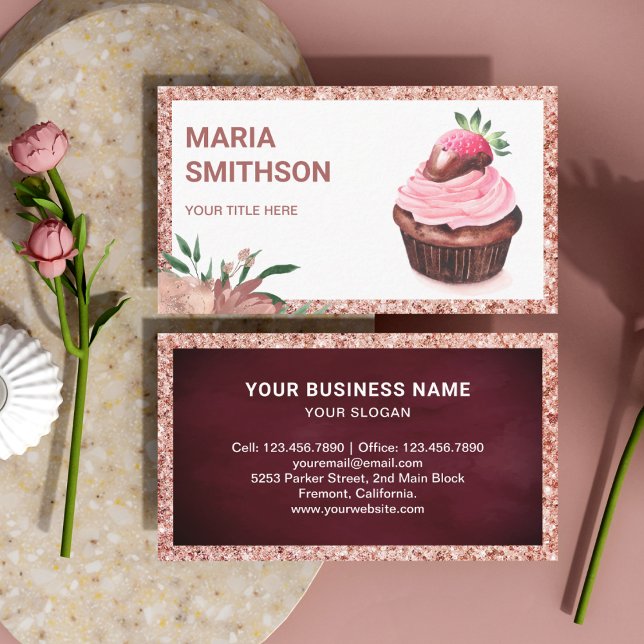 Rose Gold Jordgubbs Cupcake Konditor Bageri Visitkort (Skapare uppladdad)