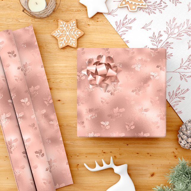 Rose Gold Jul Holly Blad Elegant Presentpapper (Skapare uppladdad)