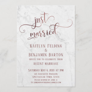 Rose Gold "Just Married" Typografi med Marmor Inbjudningar