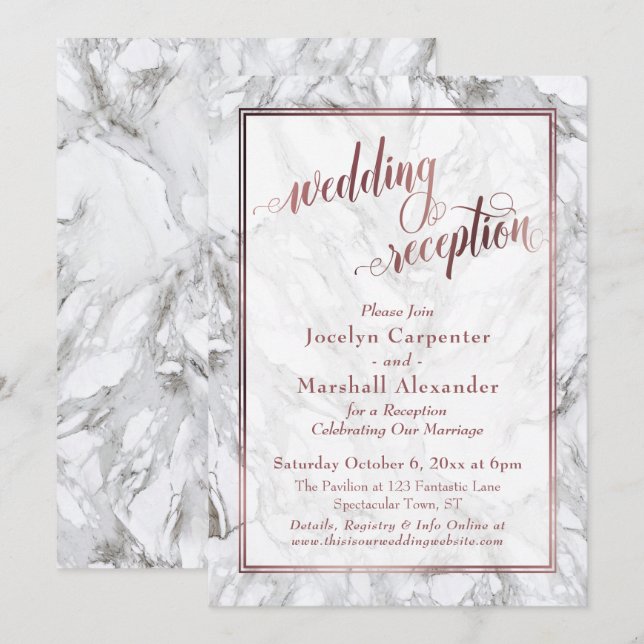 Rose Gold Kalligrafi Bröllopsfirande Marmor Inbjudningar (Fram/baksida)