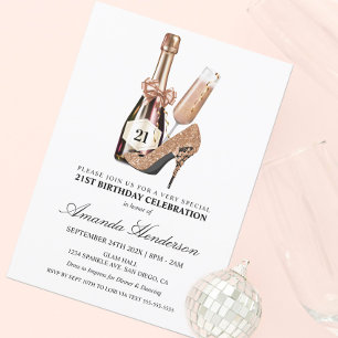 Rose Gold Klackar och Champagne Kvinnors Födelseda Inbjudningar