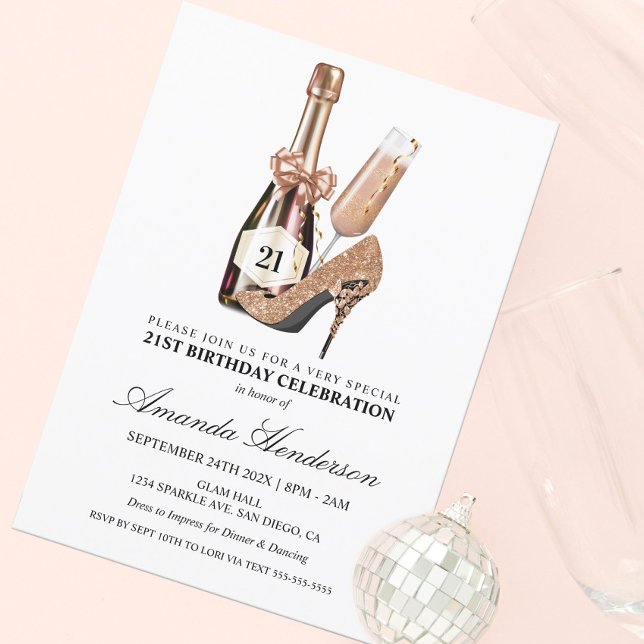 Rose Gold Klackar och Champagne Kvinnors Födelseda Inbjudningar (Skapare uppladdad)