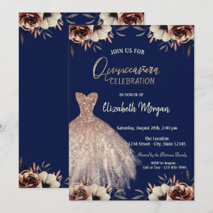 Rose Gold Klänning Blommor Marinblå Quinceañera   Inbjudningar