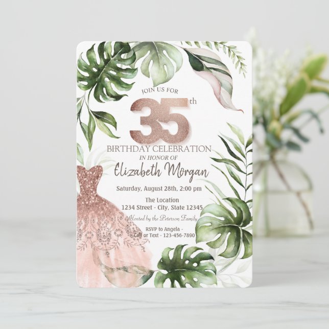 Rose Gold Klänning Tropiska blad 35-årsdag Inbjudningar (Stående Fram)