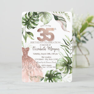 Rose Gold Klänning Tropiska blad 35-årsdag Inbjudningar