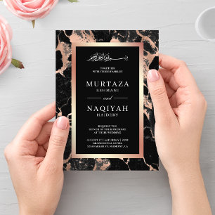 Rose Gold Kol Svart Marmor Muslimsk Bröllop Inbjudningar