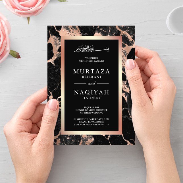Rose Gold Kol Svart Marmor Muslimsk Bröllop Inbjudningar (Skapare uppladdad)