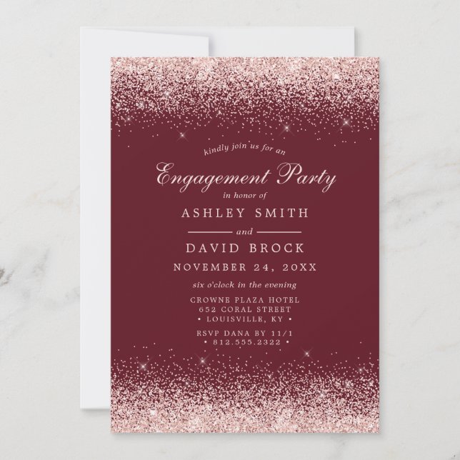 Rose Gold Konfetti Burgundy Modern Förlovning Inbjudningar (Framsida)