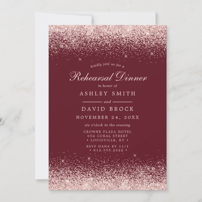Rose Gold Konfetti Burgundy Modern Generalrepetiti Inbjudningar (Framsida)