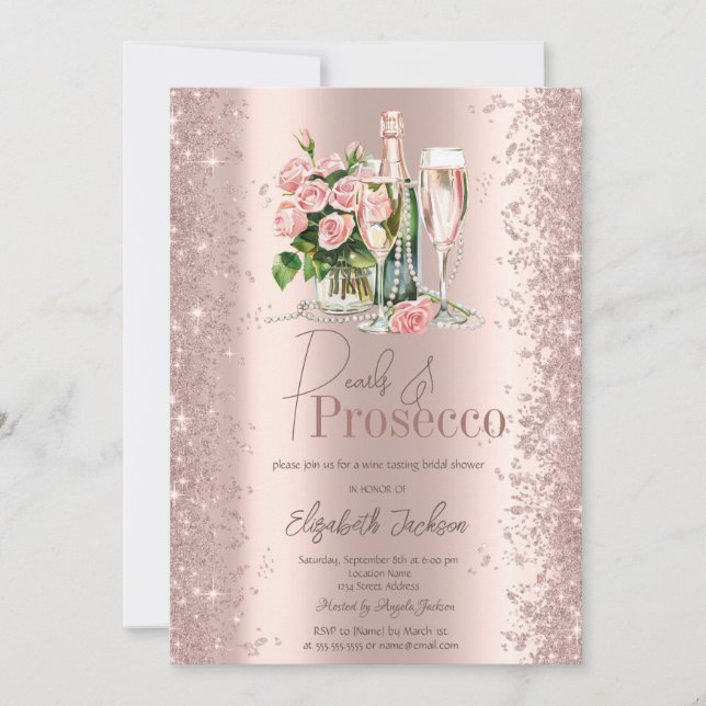 Rose Gold Konfetti Pärlor Prosecco Bröllopsdusch  Inbjudningar (Framsida)