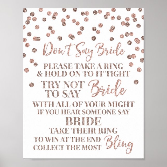 Rose Gold Konfetti Säg Inte Brud Spel Skylt (Framsidan)