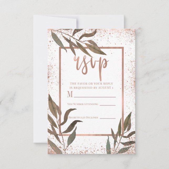 Rose Gold Koppar Botanisk Glam Bröllop RSVP OSA Kort (Framsida)