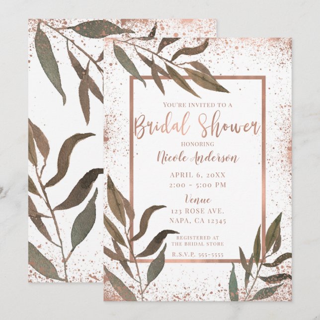 Rose Gold Koppar Botanisk Glam Bröllopsfest Inbjudningar (Fram/baksida)