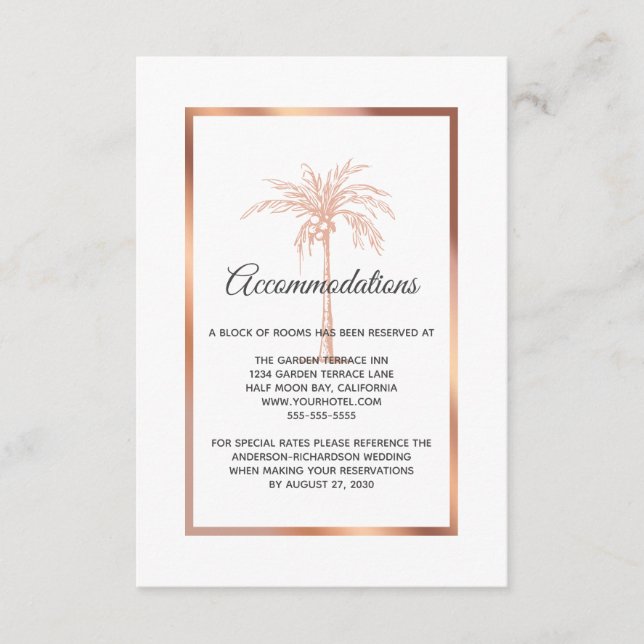 Rose Gold Koppar Palmträd Bröllopsboende Tilläggskort (Framsida)