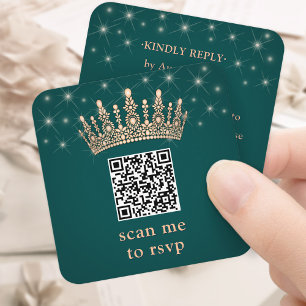 Rose Gold Krona Skanna Mig Quinceañera QR RSVP Grö Tilläggskort